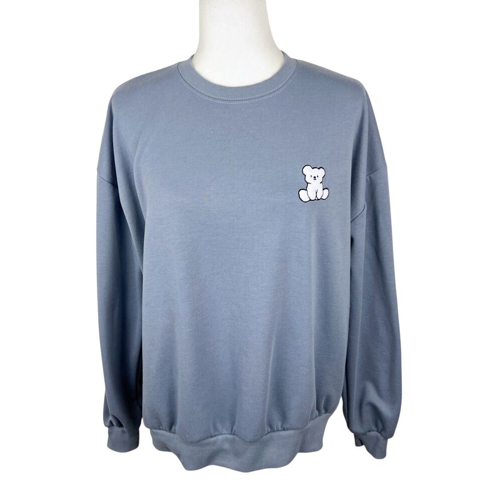 L.A.B. Studio Vivid Lauren Sweater Women Large Blue Grey Pullover Bear Patch